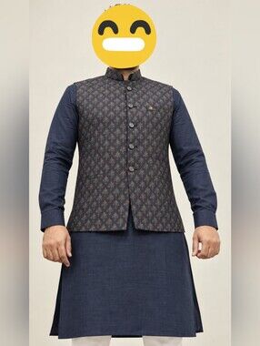Men's Navy Printed Nehru Jacket With Kurta